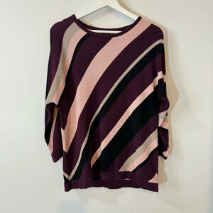 Allison Daley Sparkly Pink and Burgundy Wide Striped 3/4 Sleeve Sweater